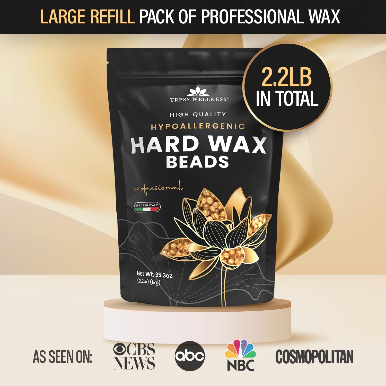 Tress Wellness pro hard wax beads shown for dermatologically tested, gentle hair removal.