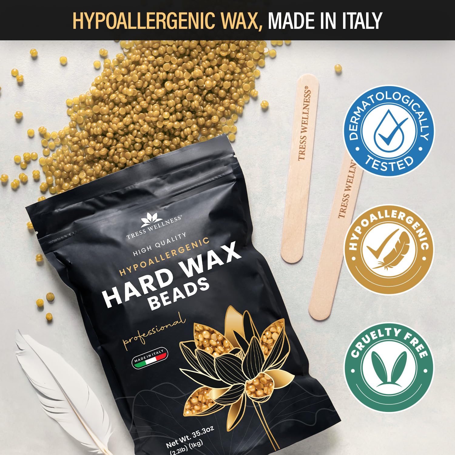 Tress Wellness unscented hypoallergenic wax for sensitive-skin waxing at home.