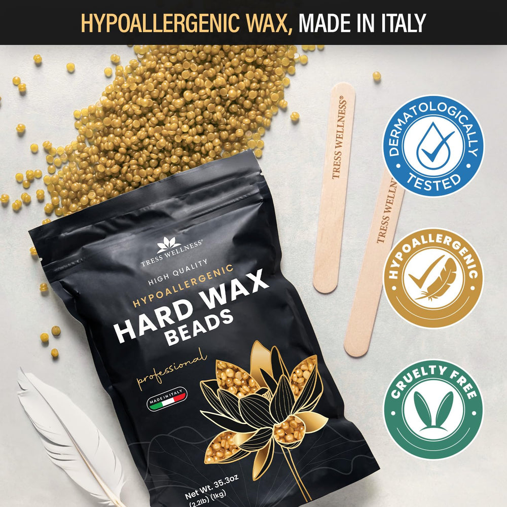 Tress Wellness unscented hypoallergenic wax for sensitive-skin waxing at home.