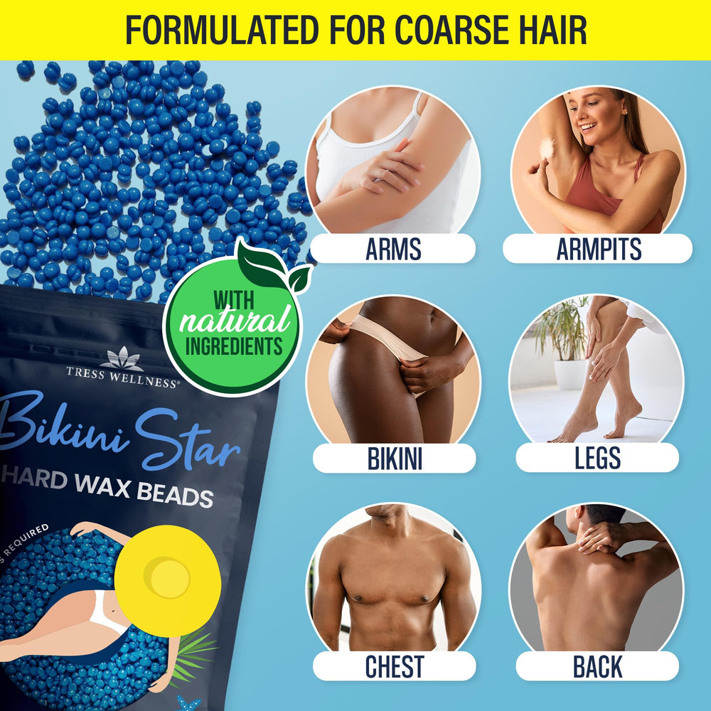 Tress Wellness wax beads applied to bikini area for smooth waxing
