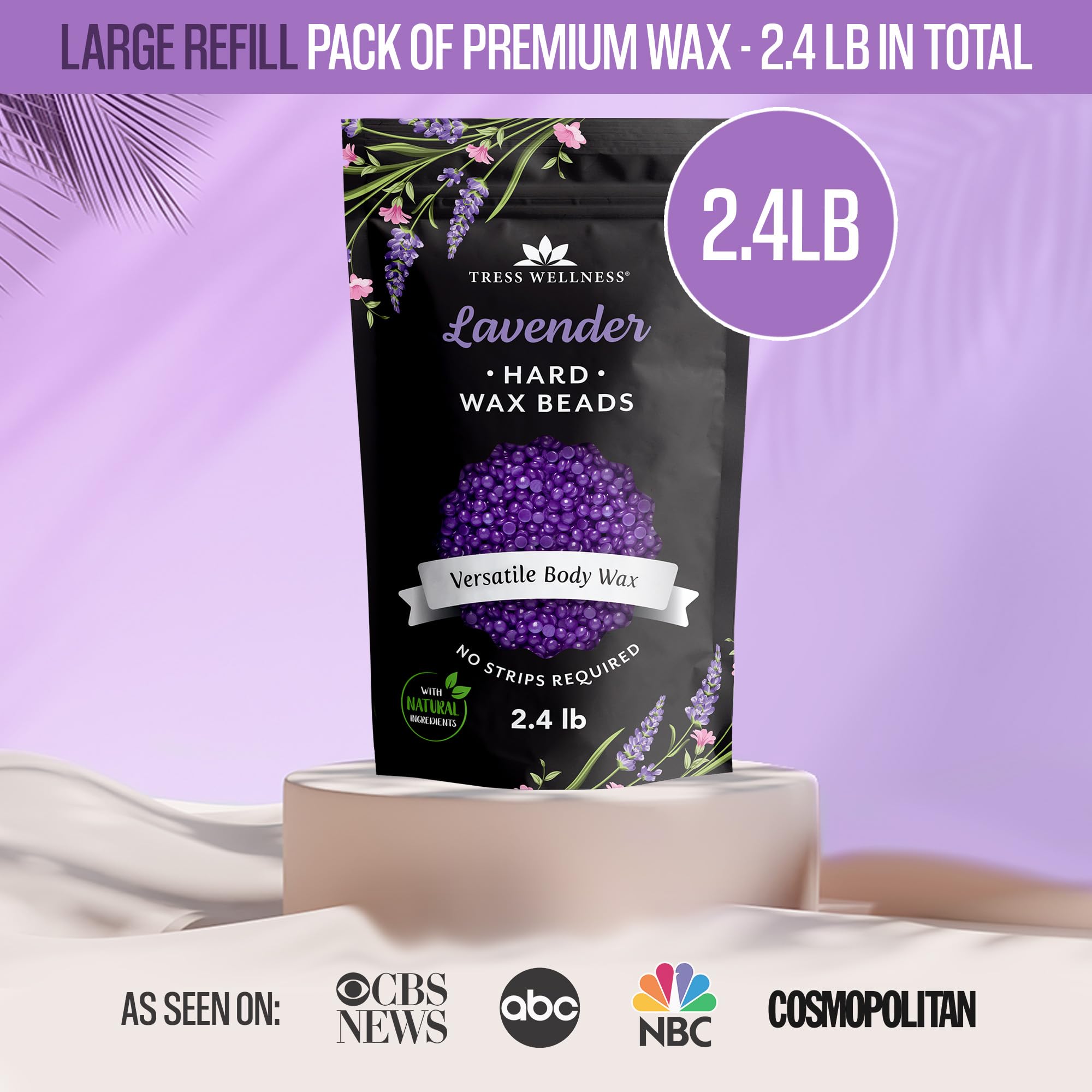Tress Wellness wax beads kit included shown with lavender scent for at-home waxing.