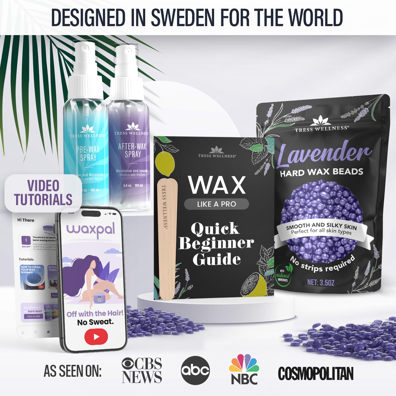 Tress Wellness wax beads in use during home waxing with temperature control guidance.