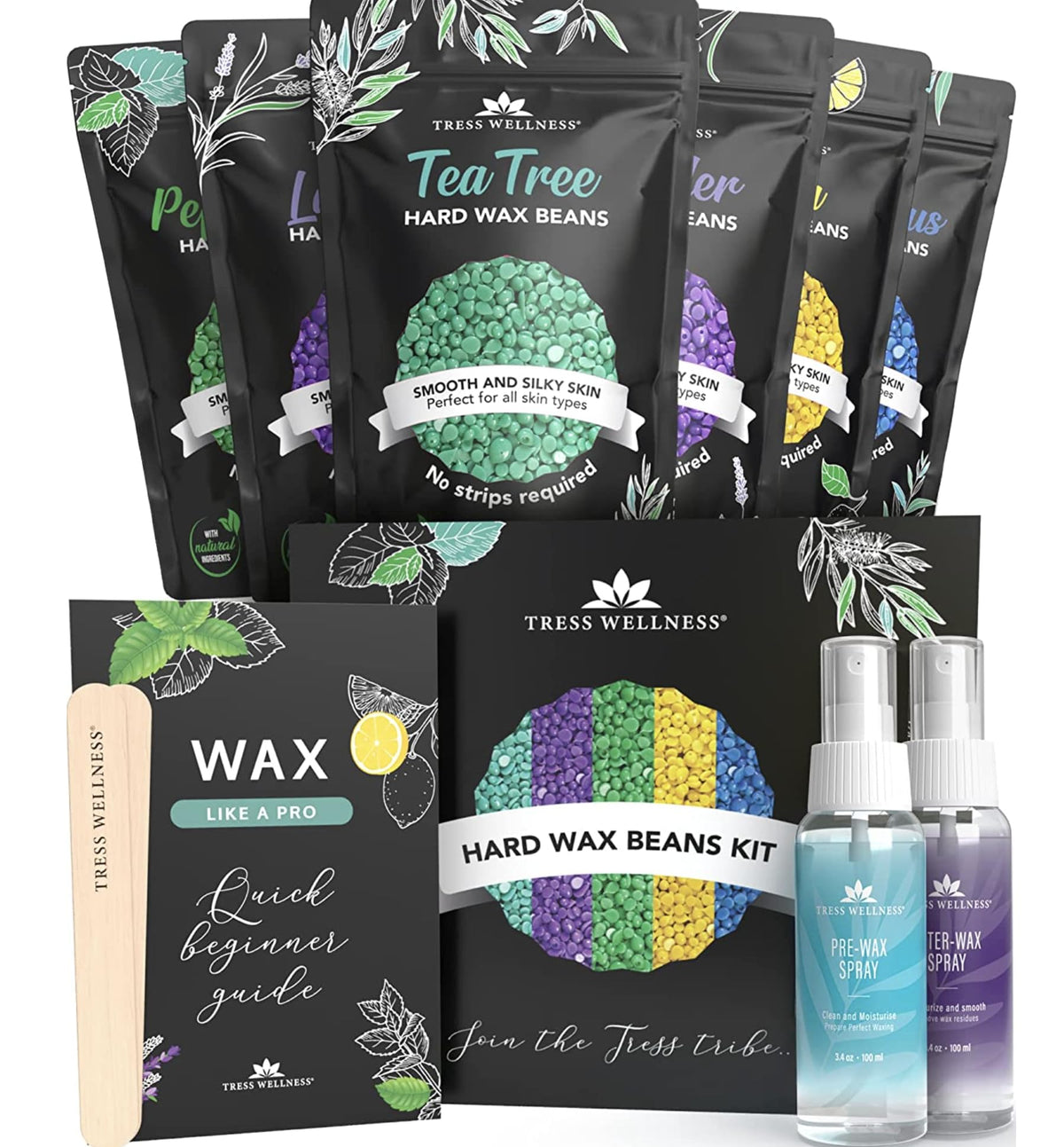 Tress Wellness wax beads packaging highlighting a 1.3lb at-home waxing kit for convenience.