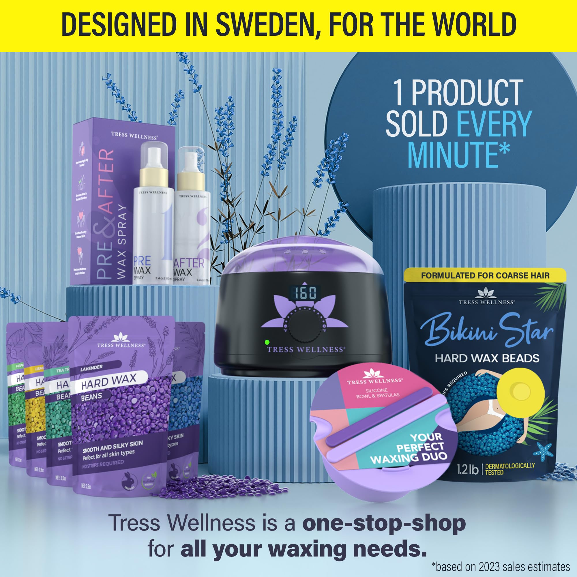 Tress Wellness bikini wax kit components shown for dermatologist-tested waxing