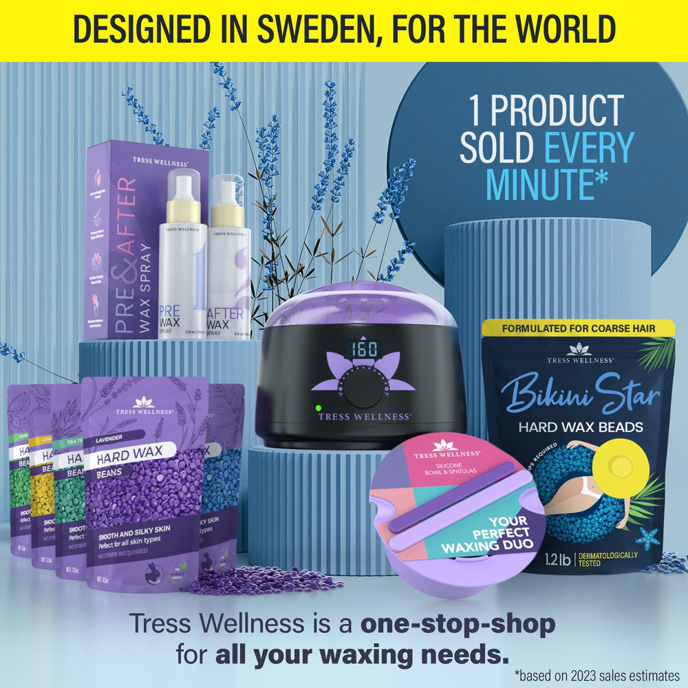 Tress Wellness bikini wax kit components shown for dermatologist-tested waxing