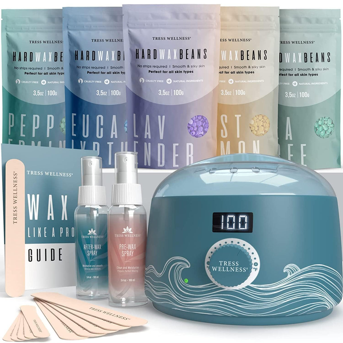 Tress Wellness Waxing Kit digital warmer showing precise temperature control for comfortable at-home waxing