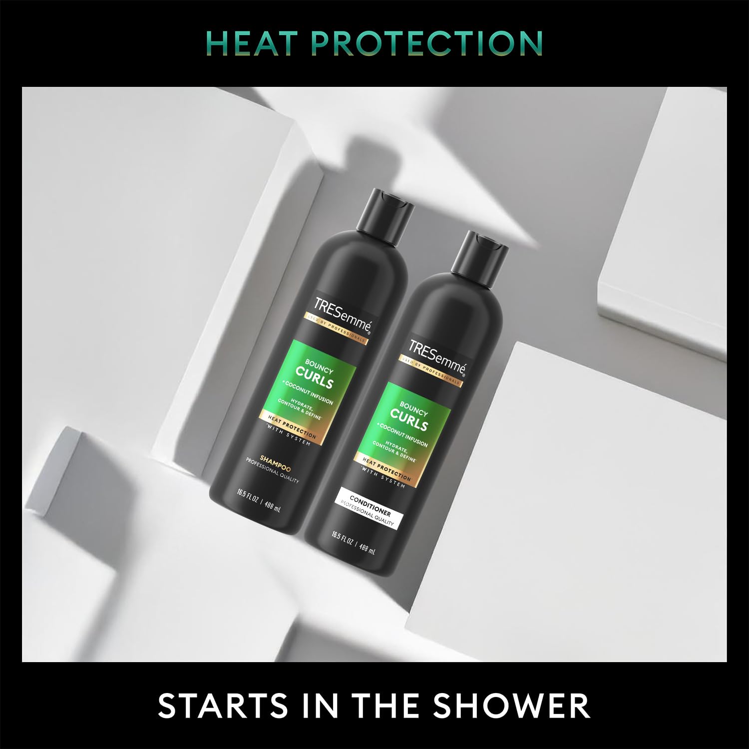 TRESemmé Bouncy Curls shampoo pump bottle for easy shower routine and even distribution.