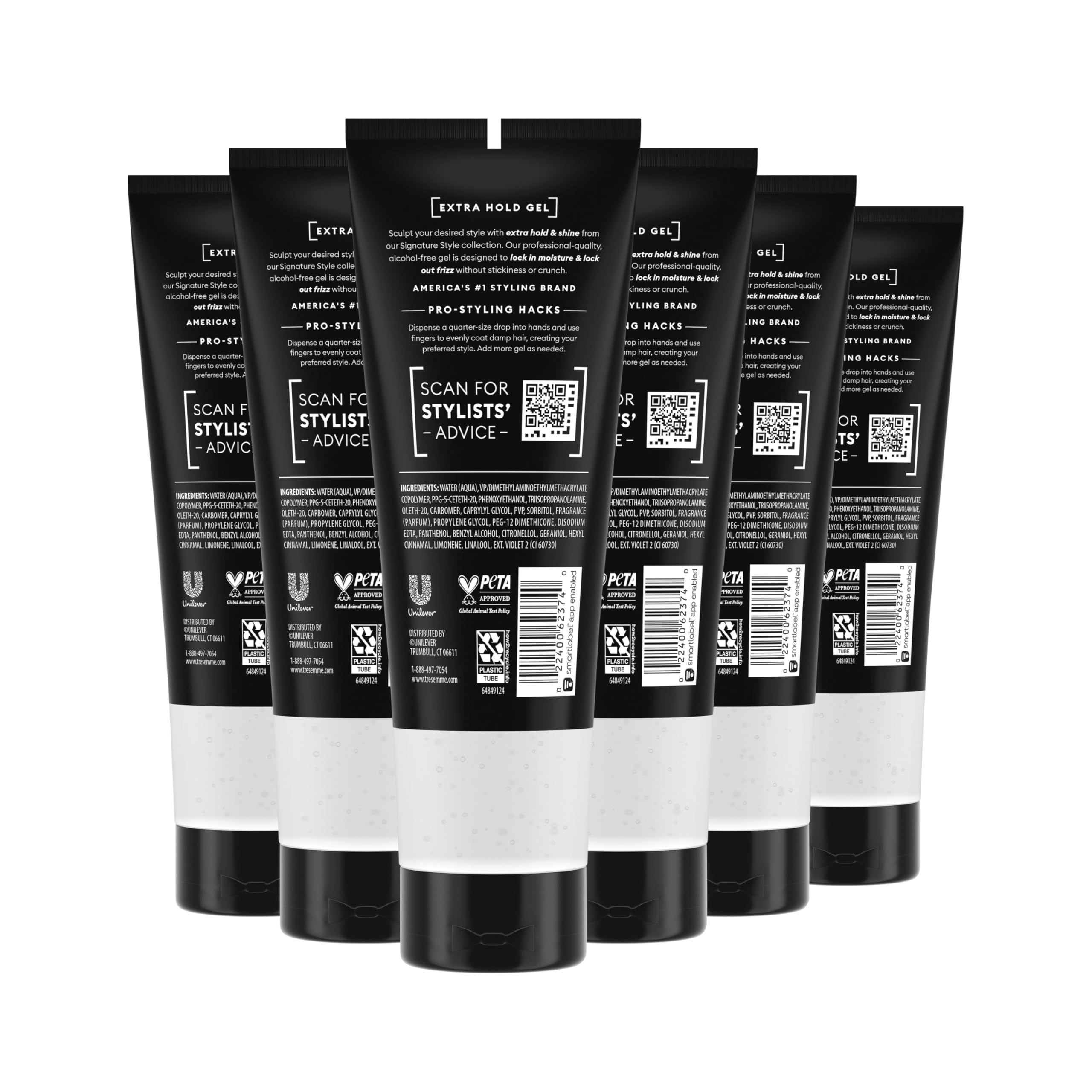 TRESemmé Extra Hold Gel pack 6 model applying to damp hair shows versatile styling
