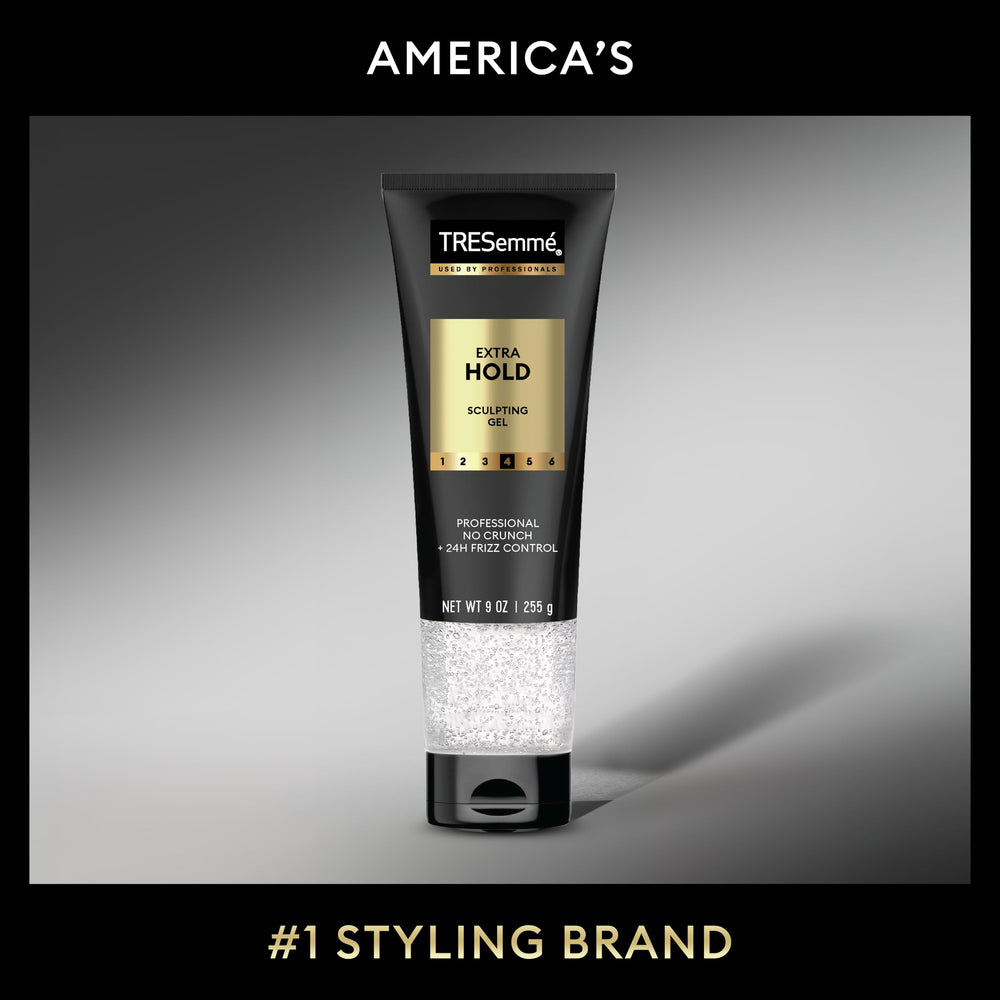 TRESemmé Extra Hold Gel pack 6 bottle closeup emphasizes shine and firm hold without crunch