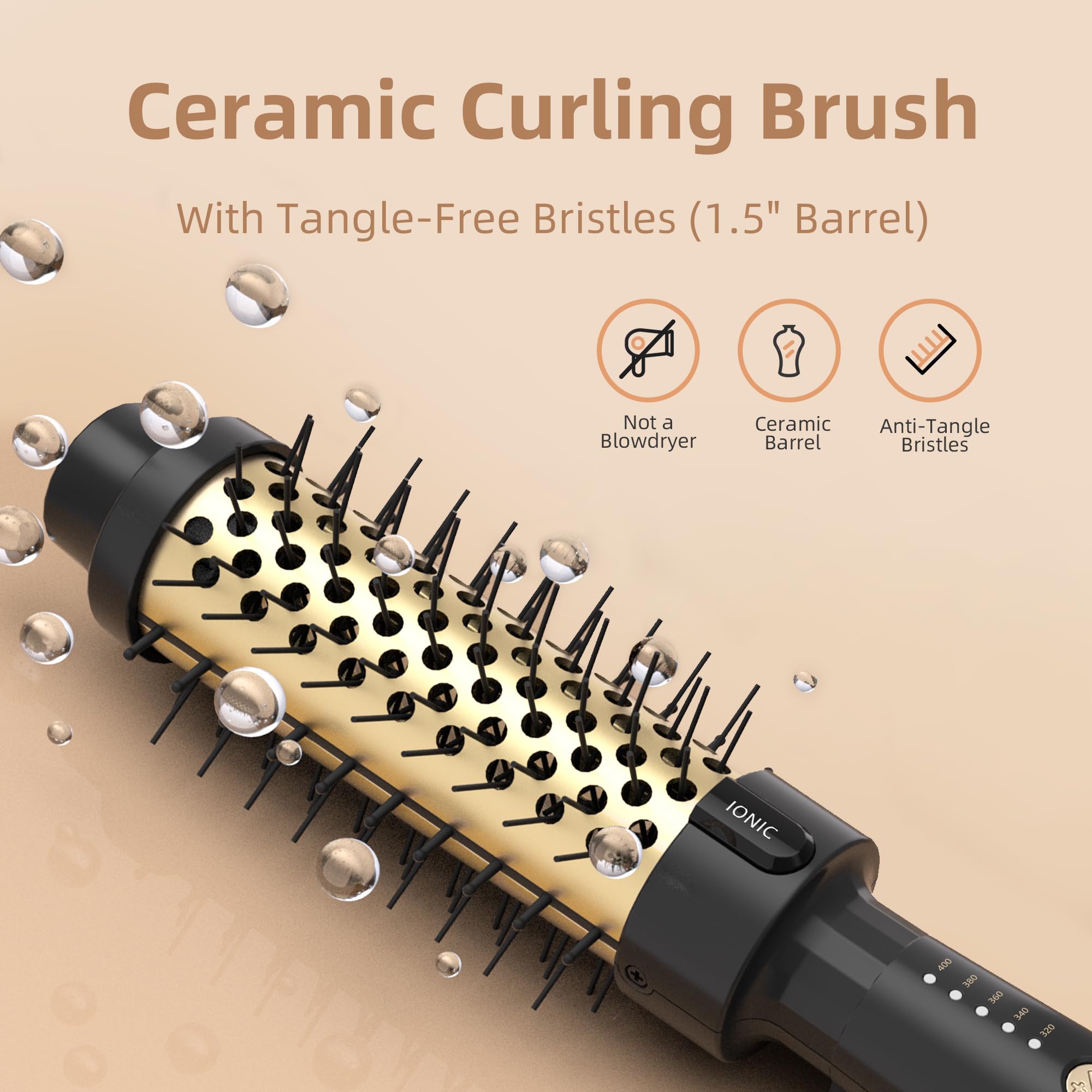 Tresses Touch 24K Gold Thermal Brush curled hair showcase demonstrates lasting volume.