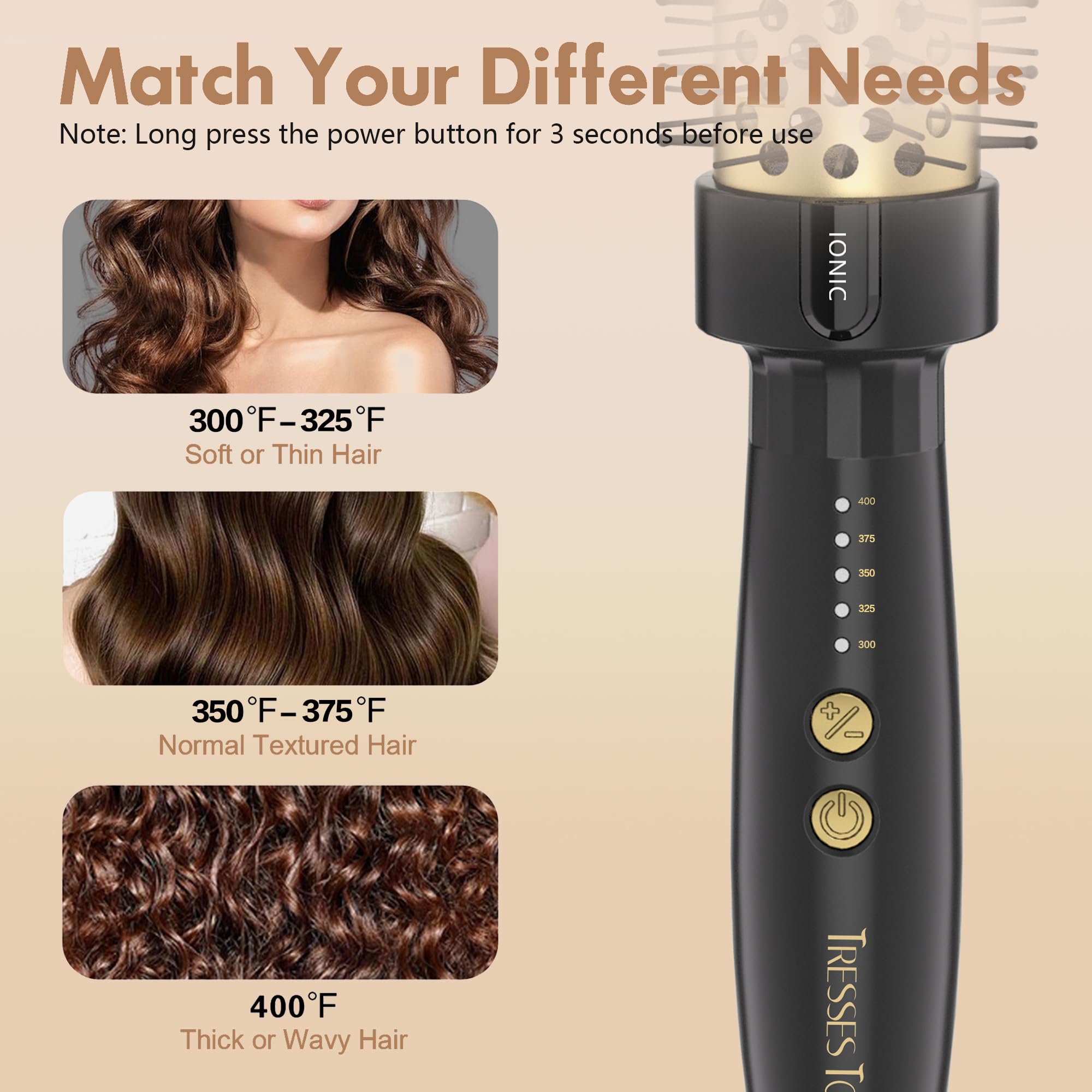 Tresses Touch 24K Gold Thermal Brush side view demonstrates fast curling with 1.5-inch barrel.