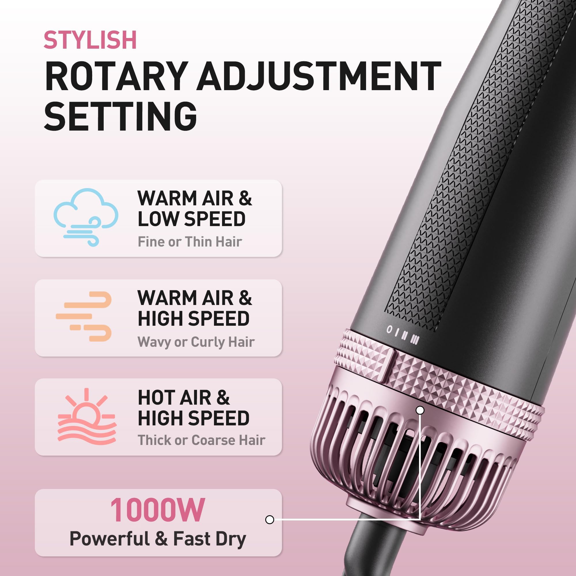 Tresses Touch ergonomic one-hand control highlights easy adjustments during styling.
