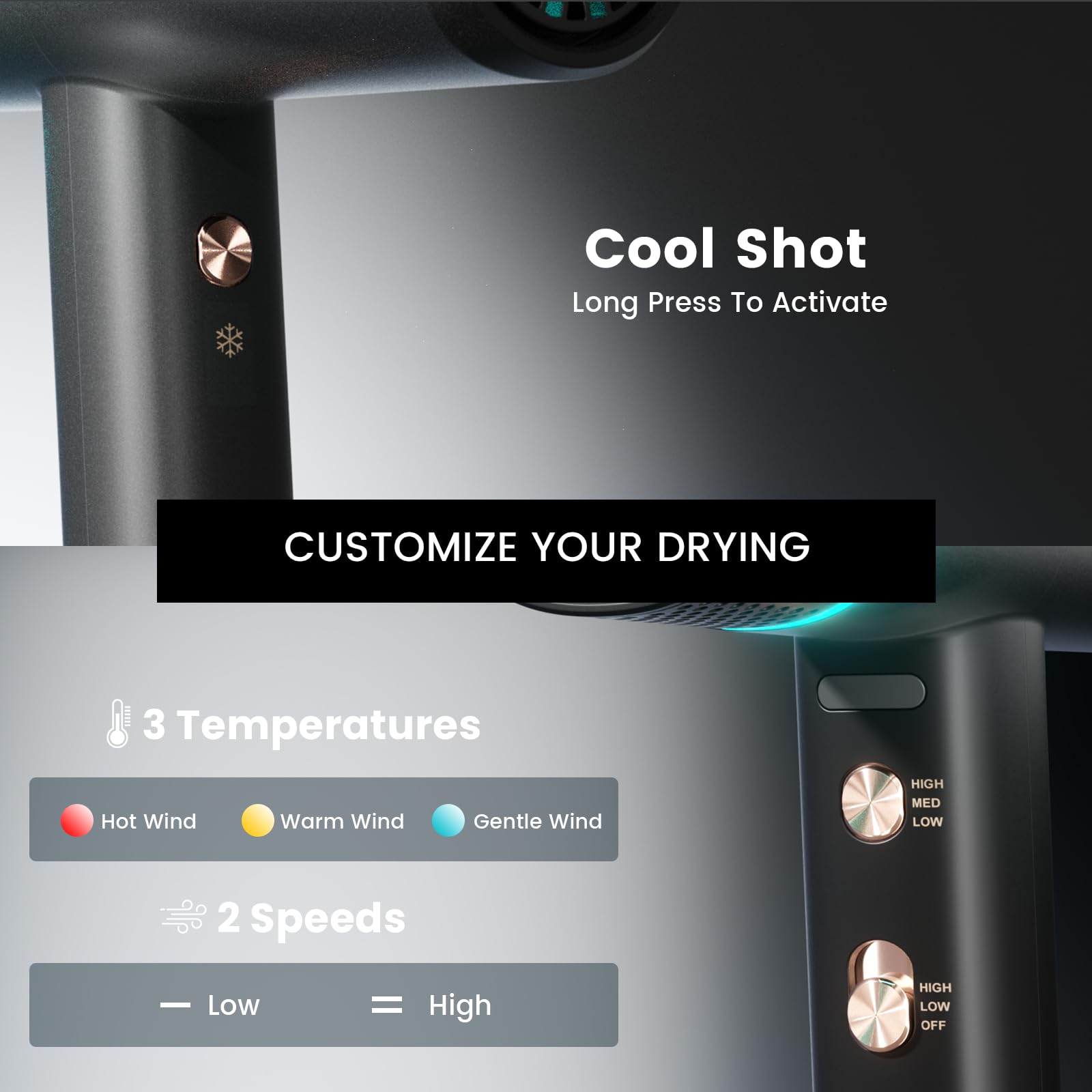 Tresses Touch concentrator nozzle delivers focused airflow for sleek styles.