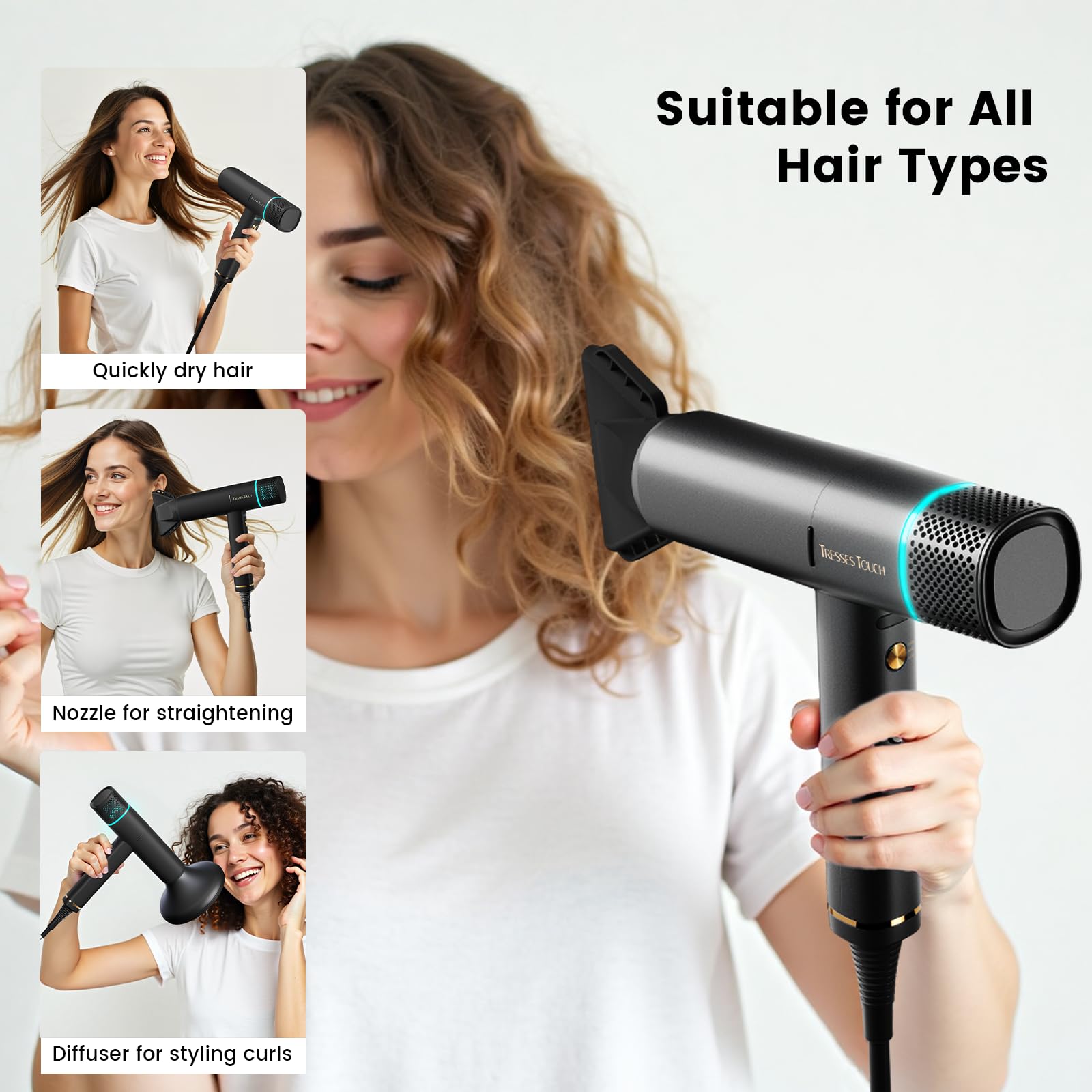 Tresses Touch cool-shot button helps set style without overheating.