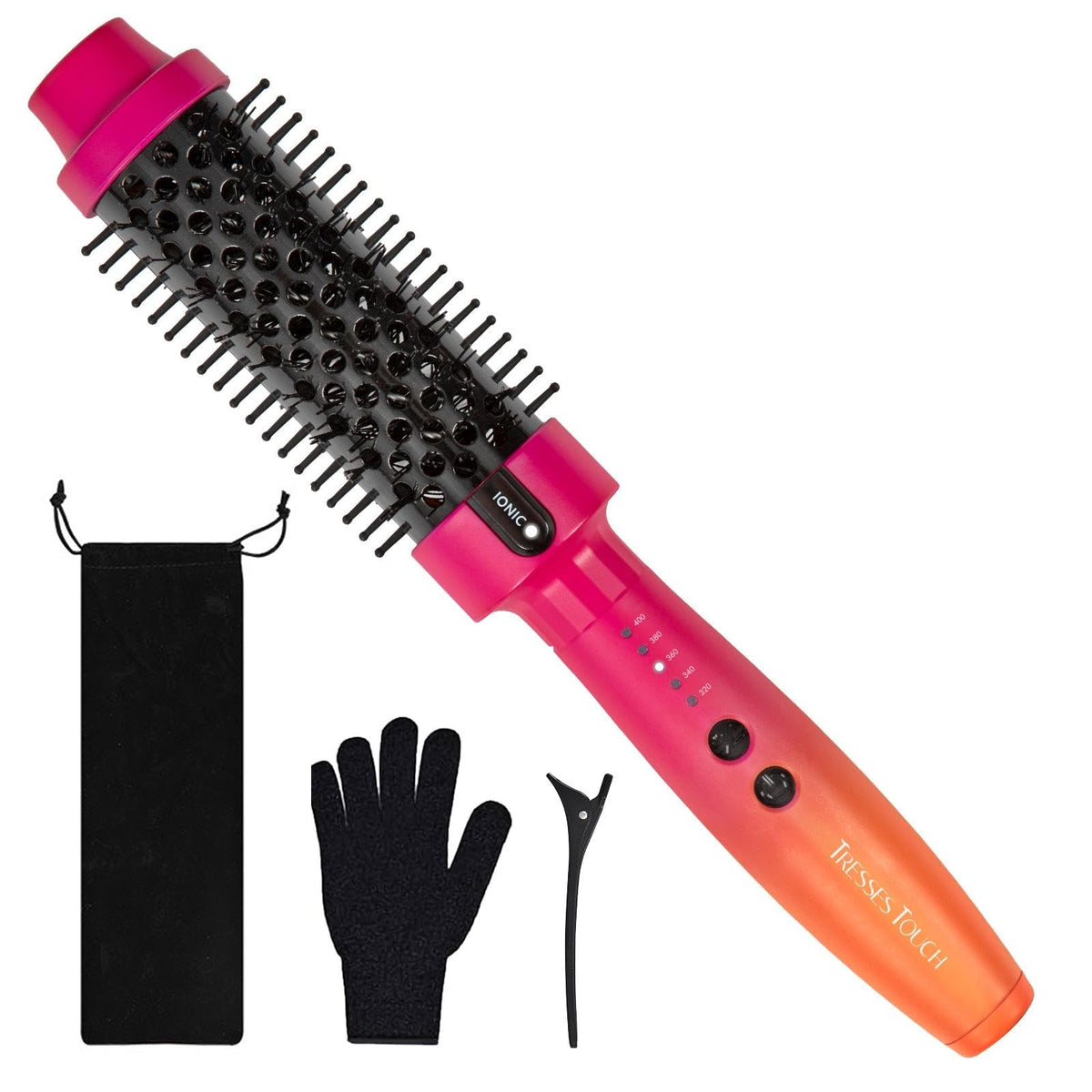 Tresses Touch thermal brush barrel close-up showing even heat for smooth curls.