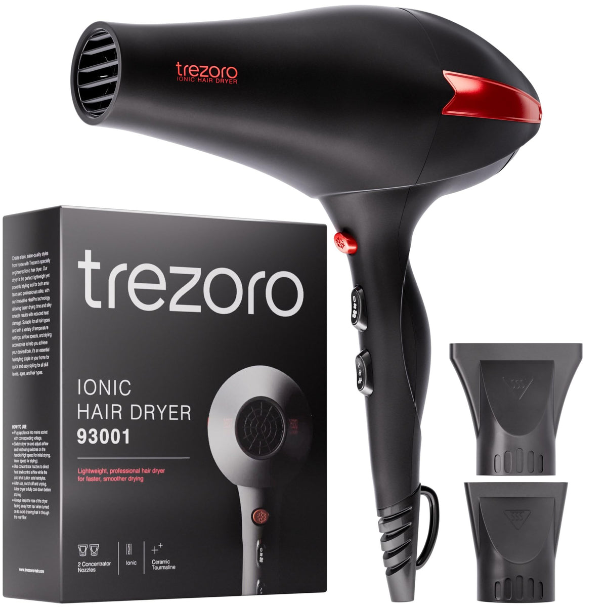 TREZORO professional blow dryer motor powers fast drying with steady temperature.