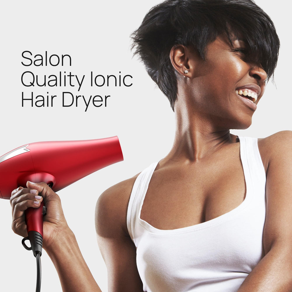 TREZORO professional blow dryer red side angle highlighting sleek design and powerful airflow for rapid styling