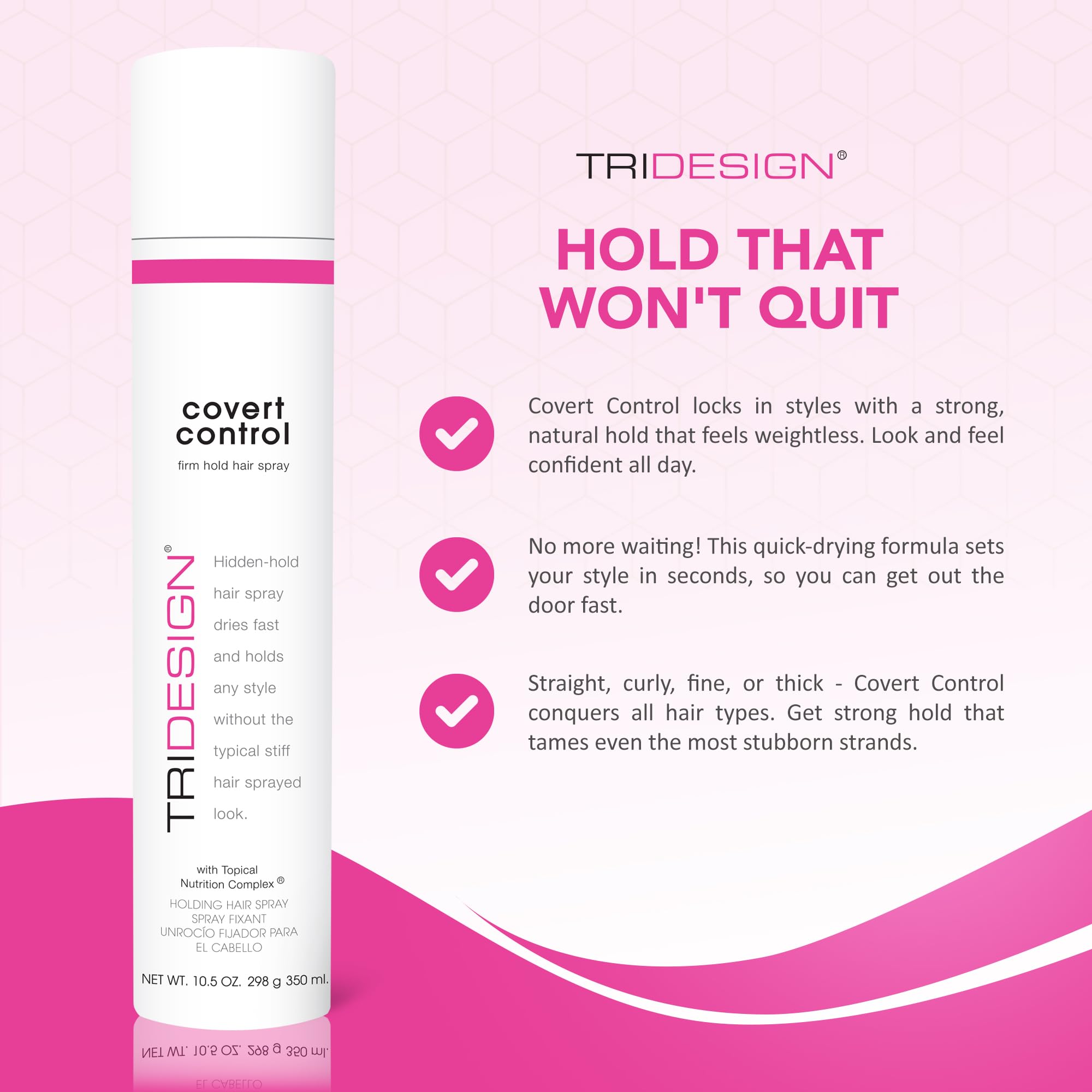 TRI Design Covert Control fast-drying spray sets hair quickly for effortless styling