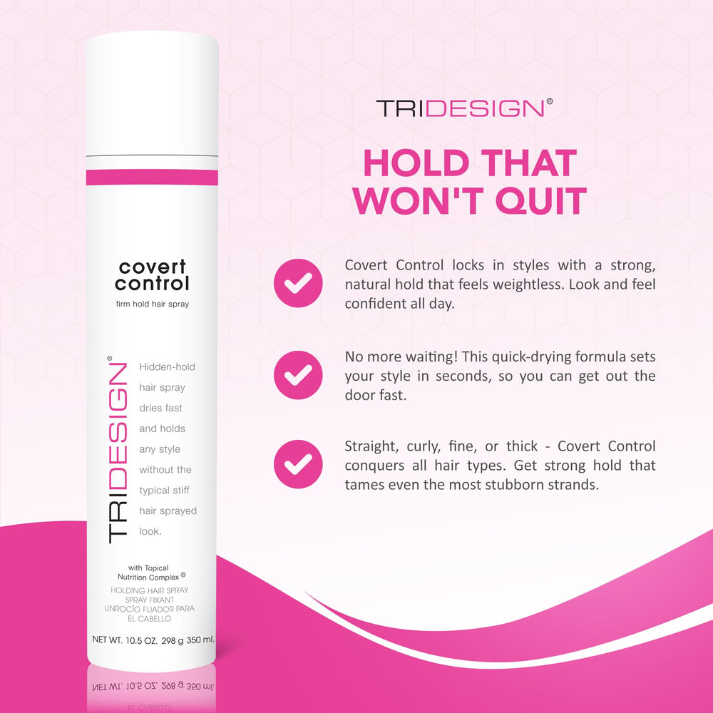 TRI Design Covert Control fast-drying spray sets hair quickly for effortless styling