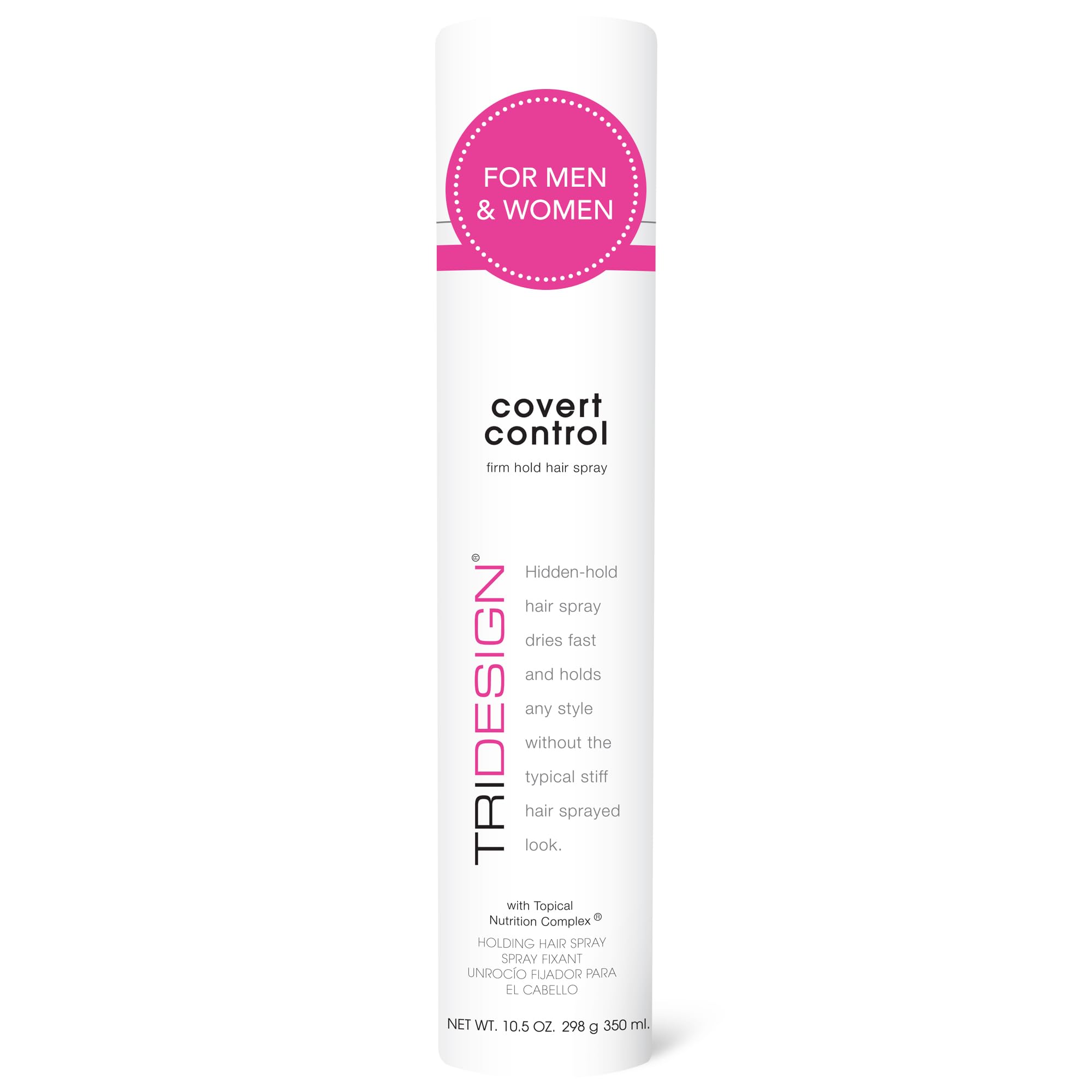 TRI Design Covert Control hairspray bottle showing invisible hold for natural-looking results