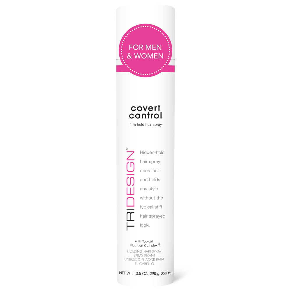TRI Design Covert Control hairspray bottle showing invisible hold for natural-looking results