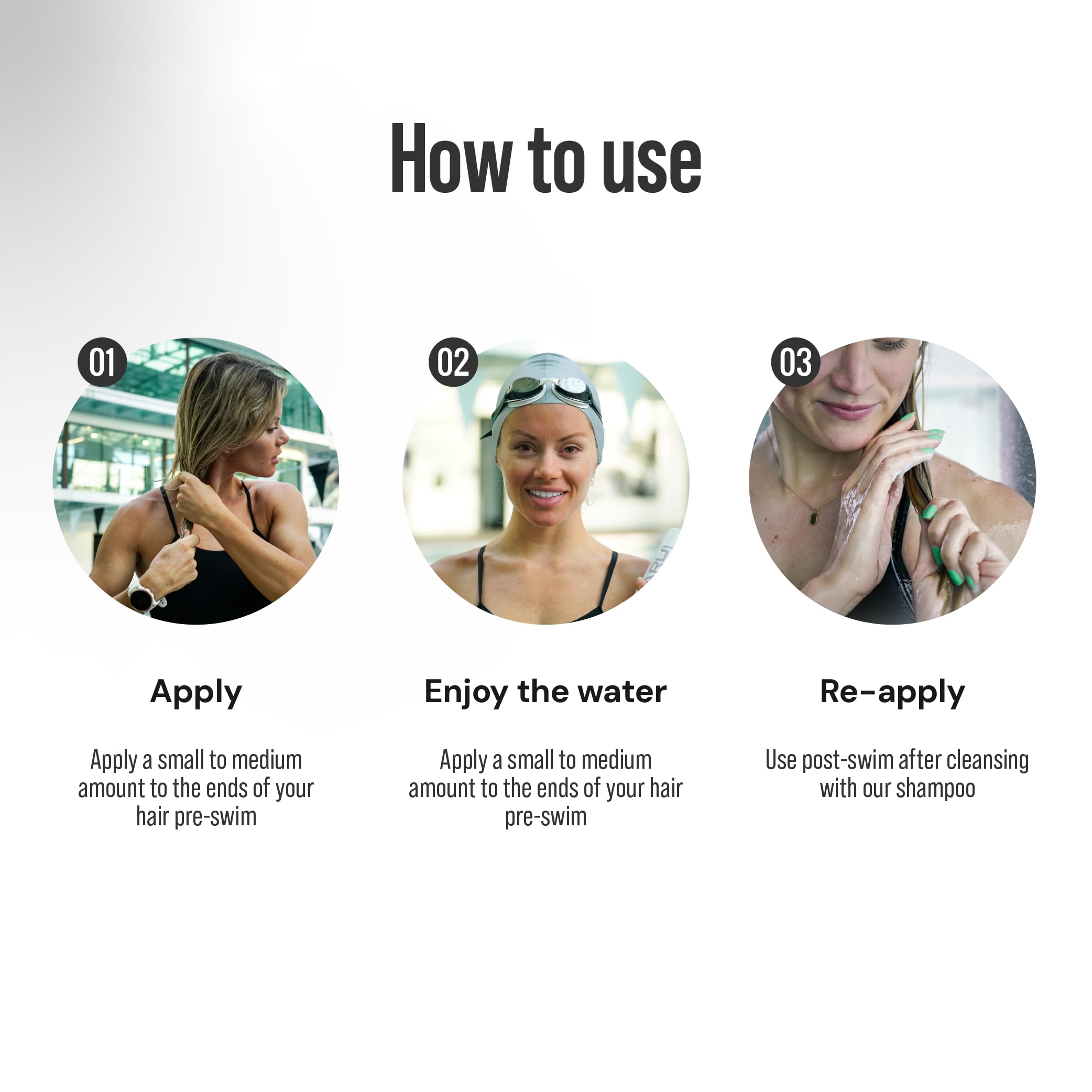 TRIHARD Chlorine Defense applied to dry hair before swimming for protection