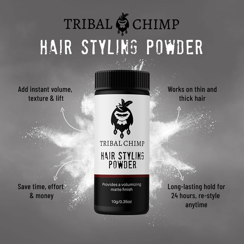 Tribal Chimp Hair Styling Powder application demo demonstrates easy volume and texture.