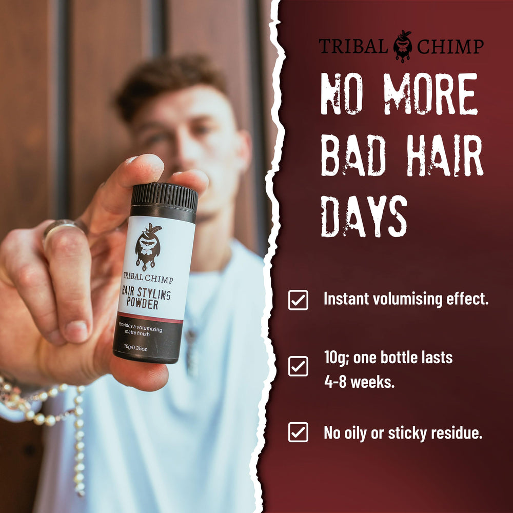 Tribal Chimp Hair Styling Powder texture close-up reveals natural, weightless hold.