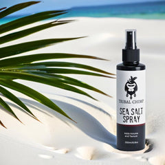 Tribal Chimp Sea Salt Spray application on hands for quick, natural texture.