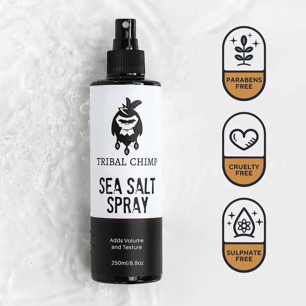Tribal Chimp Sea Salt Spray on dry hair for finishing texture and hold.