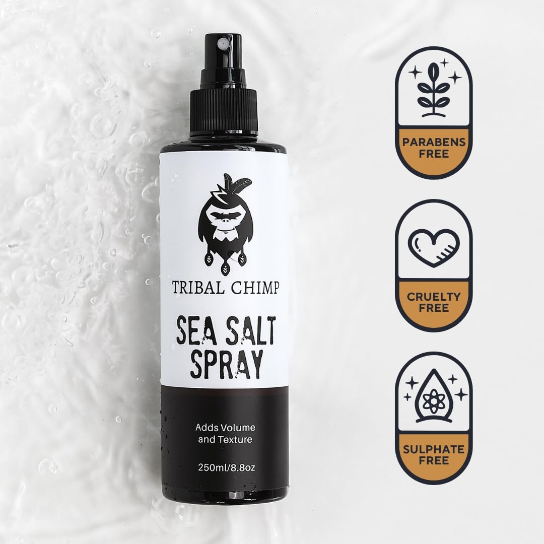 Tribal Chimp Sea Salt Spray packaging close-up highlights non-toxic, alcohol-free styling option.