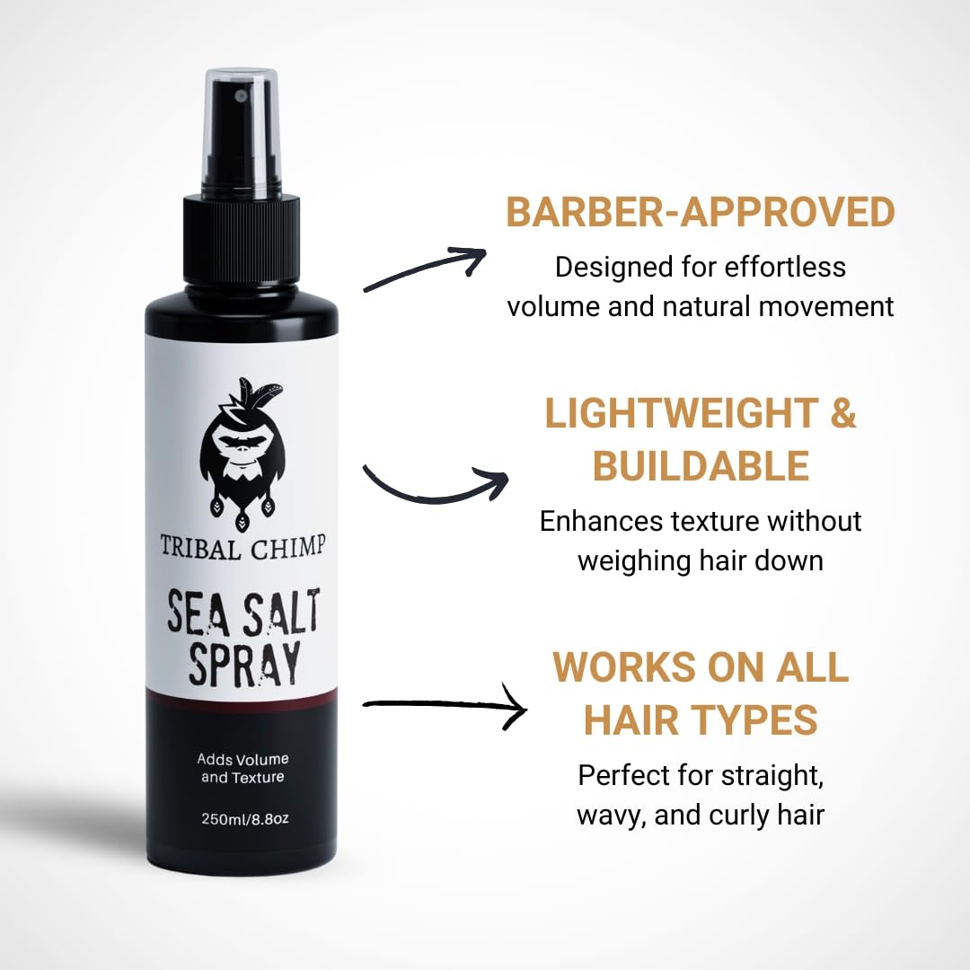 Tribal Chimp Sea Salt Spray includes UV protection for sunny days.