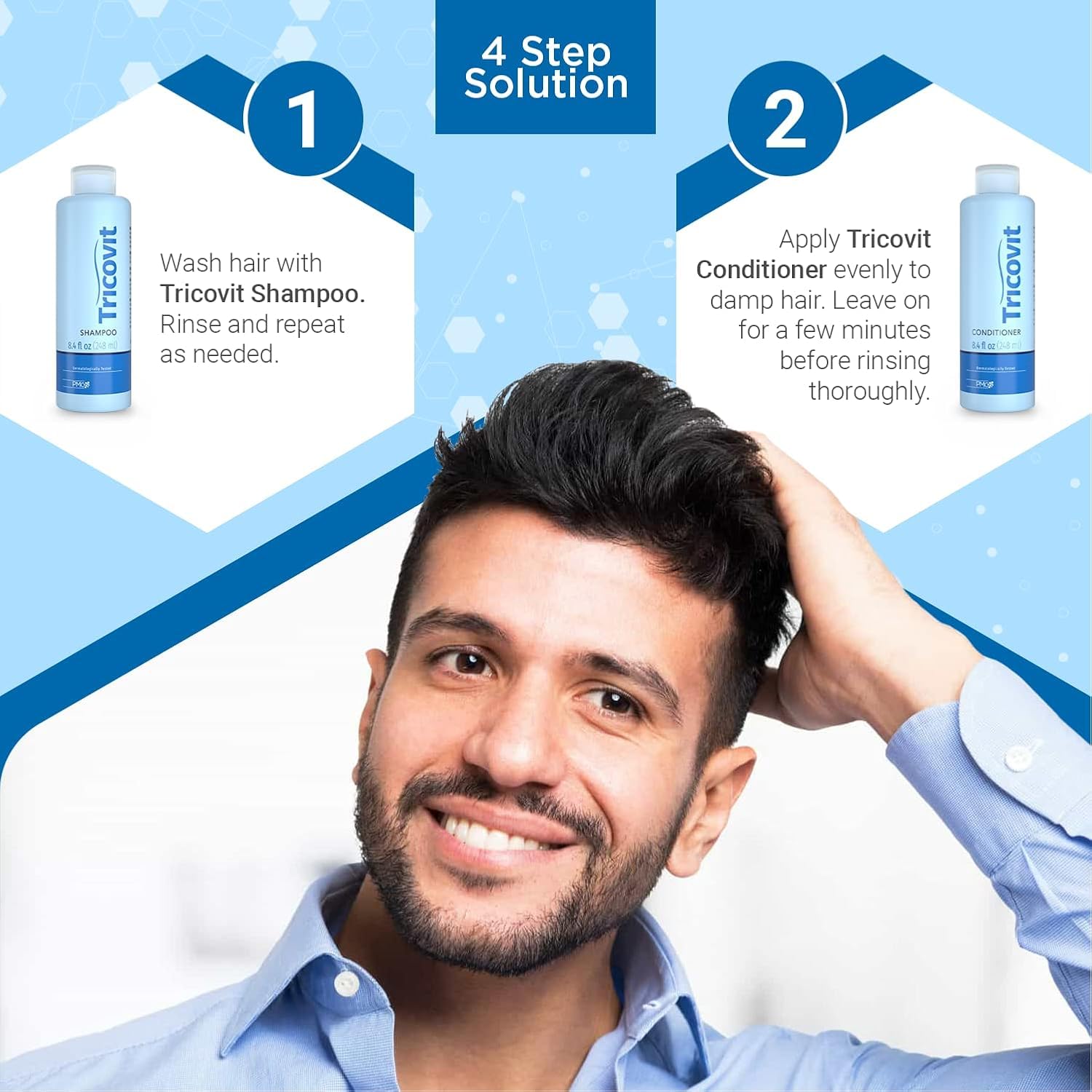 Tricovit bottle-drops captured during routine scalp application.