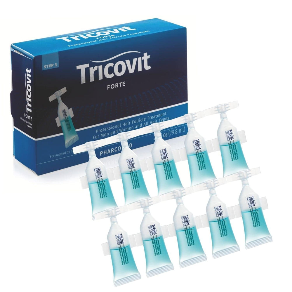 Tricovit Forte bottle label signals dermatologist-designed care for scalp health