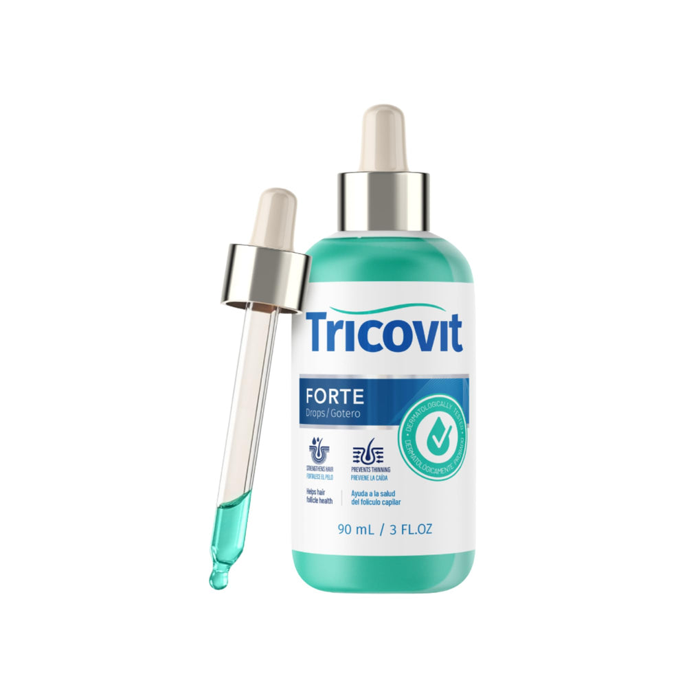 Tricovit Forte Drops bottle closeup, premium scalp treatment supporting hair growth.
