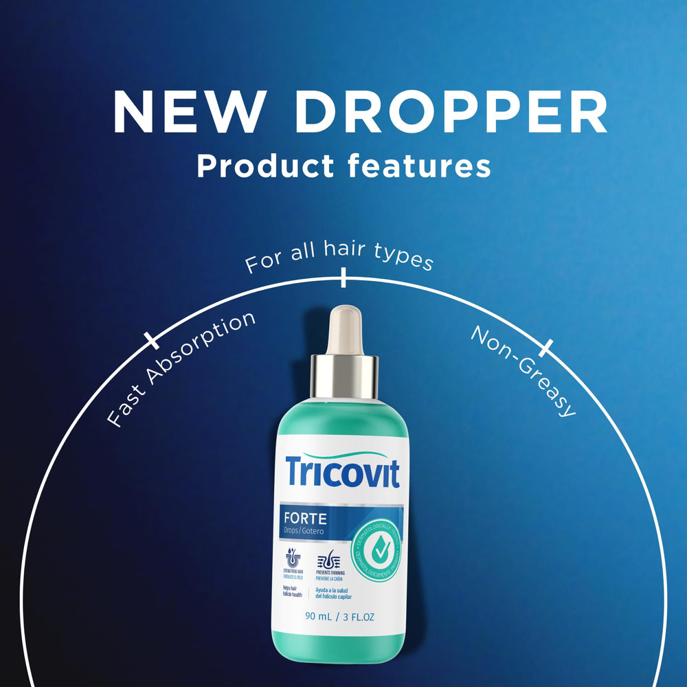 Tricovit Forte Drops hair follicle close-up suggesting follicle stimulation.