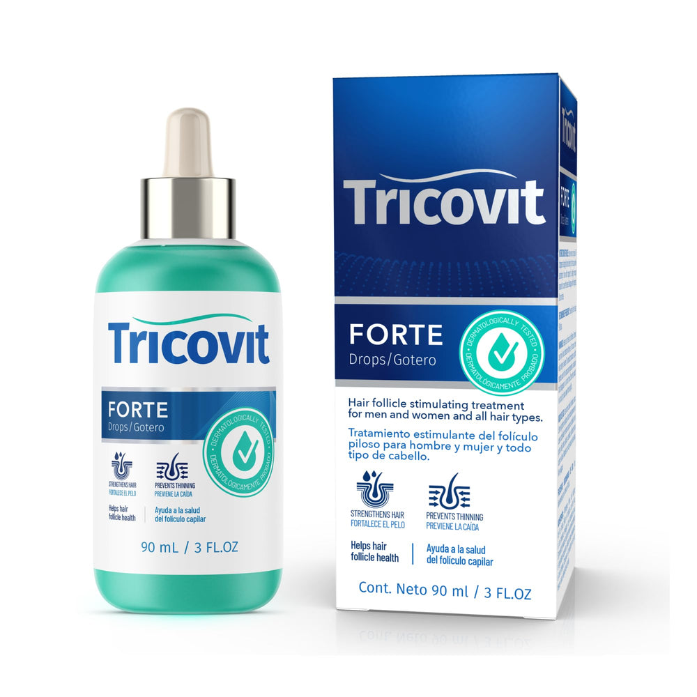 Tricovit Forte Drops packaging box emphasizes dermatologist-formulated scalp care.