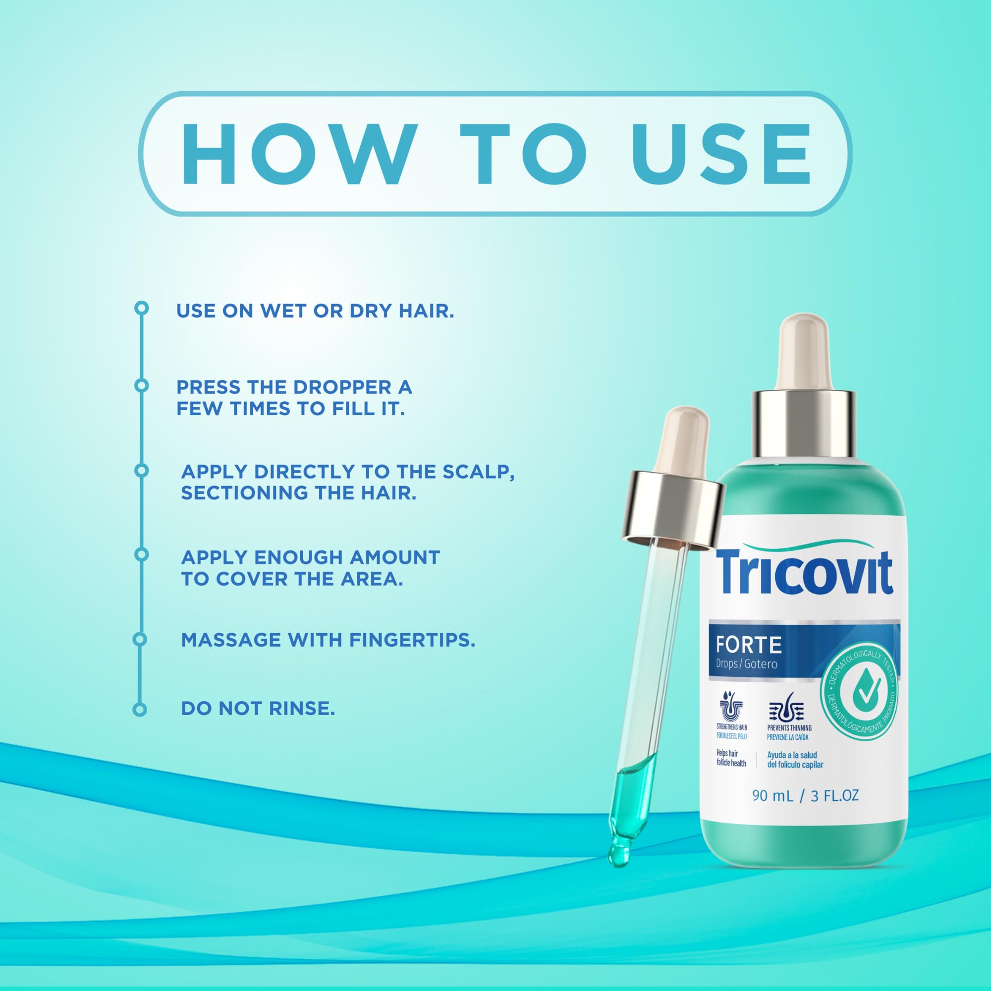 Tricovit Forte Drops on scalp area highlighting dry scalp relief and hydration.