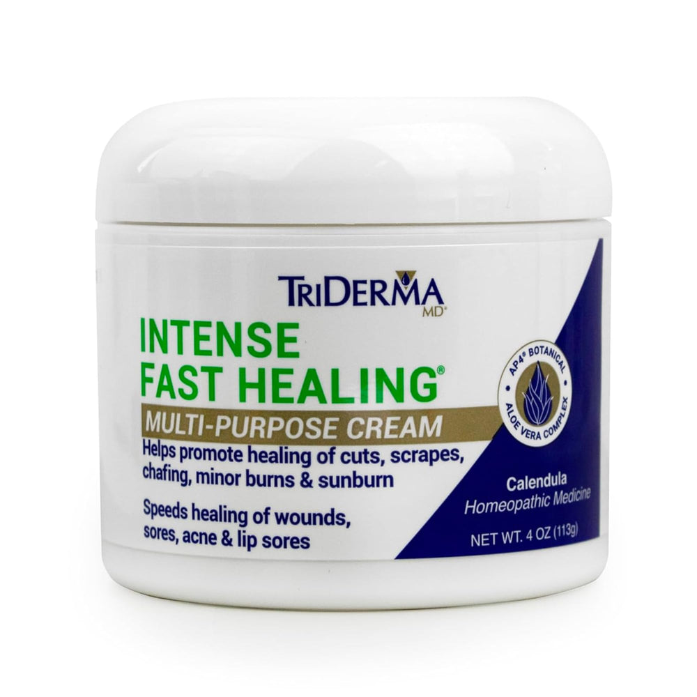 TriDerma Intense Fast Healing Cream bottle closeup with non-greasy absorption for everyday skin care