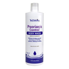 TriDerma Psoriasis Control Body Wash bottle front shows gentle cleansing for irritated skin