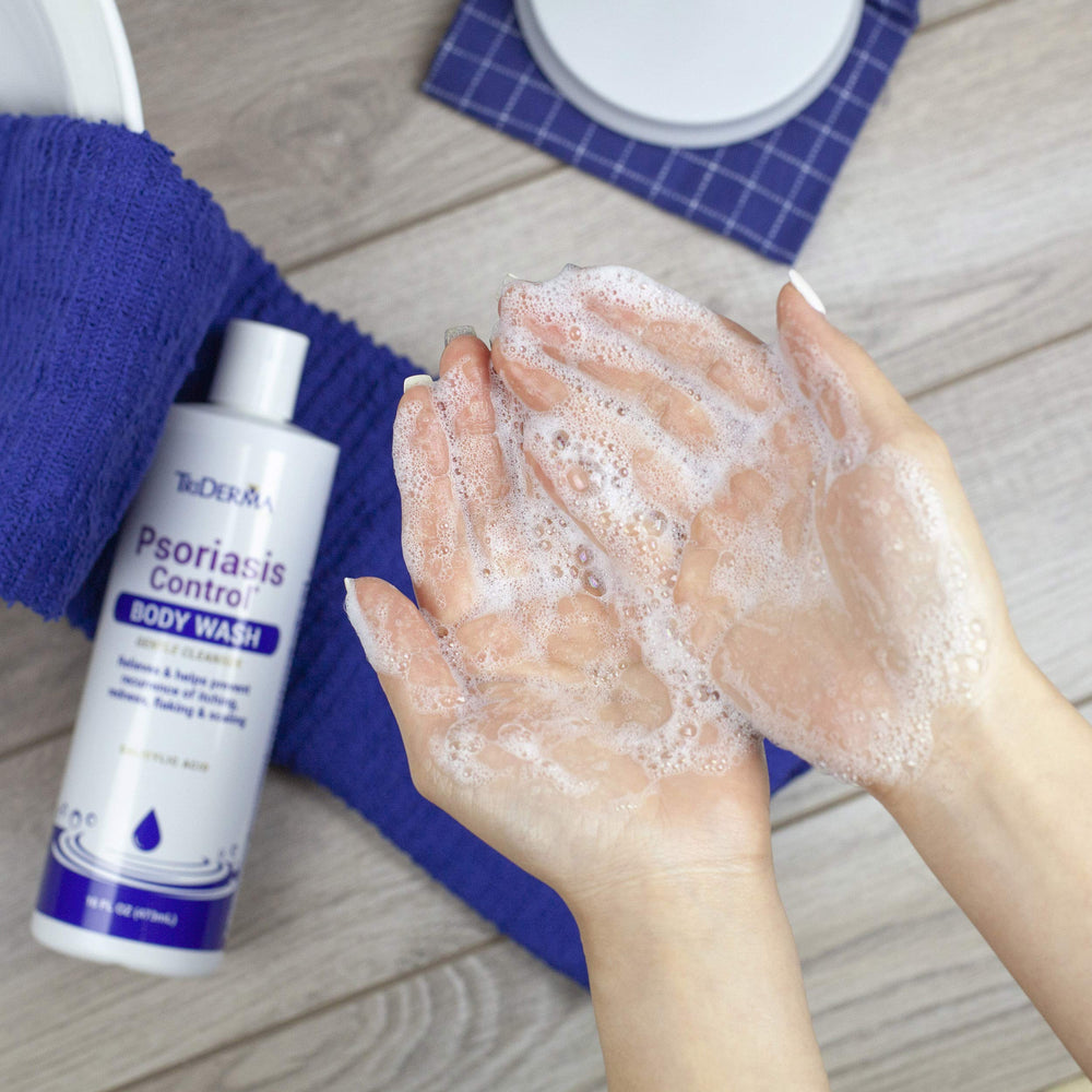 TriDerma shower scene with body wash ready for daily cleansing ritual