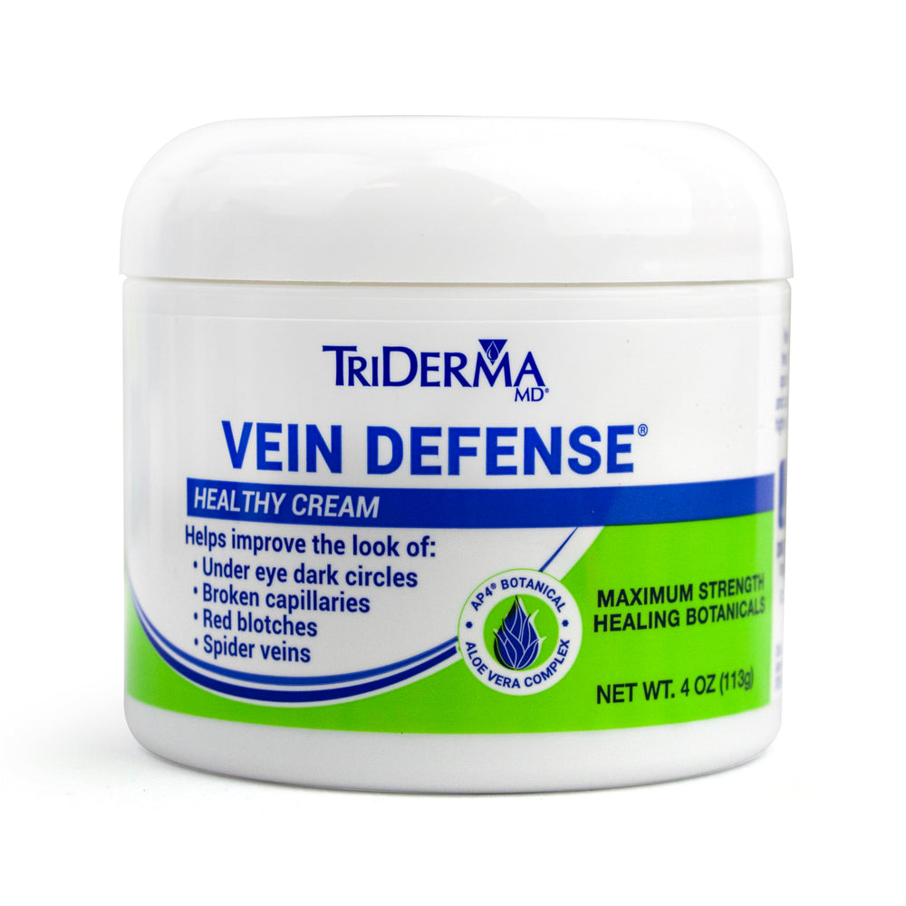 TriDerma Vein Defense cream on face and body image highlights versatile skincare.