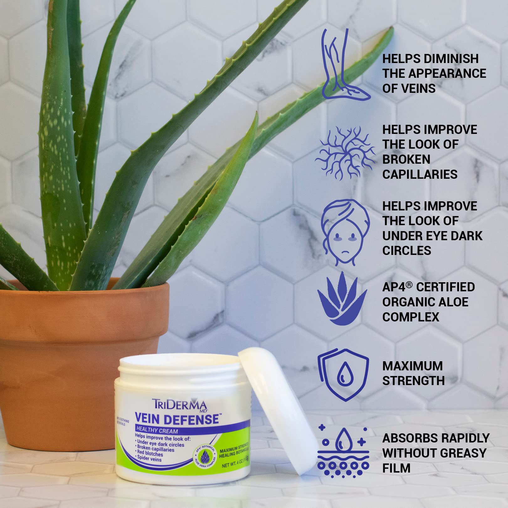 TriDerma Vein Defense cream on hand demonstrates fragrance-free, safe-for-sensitive-skin use.