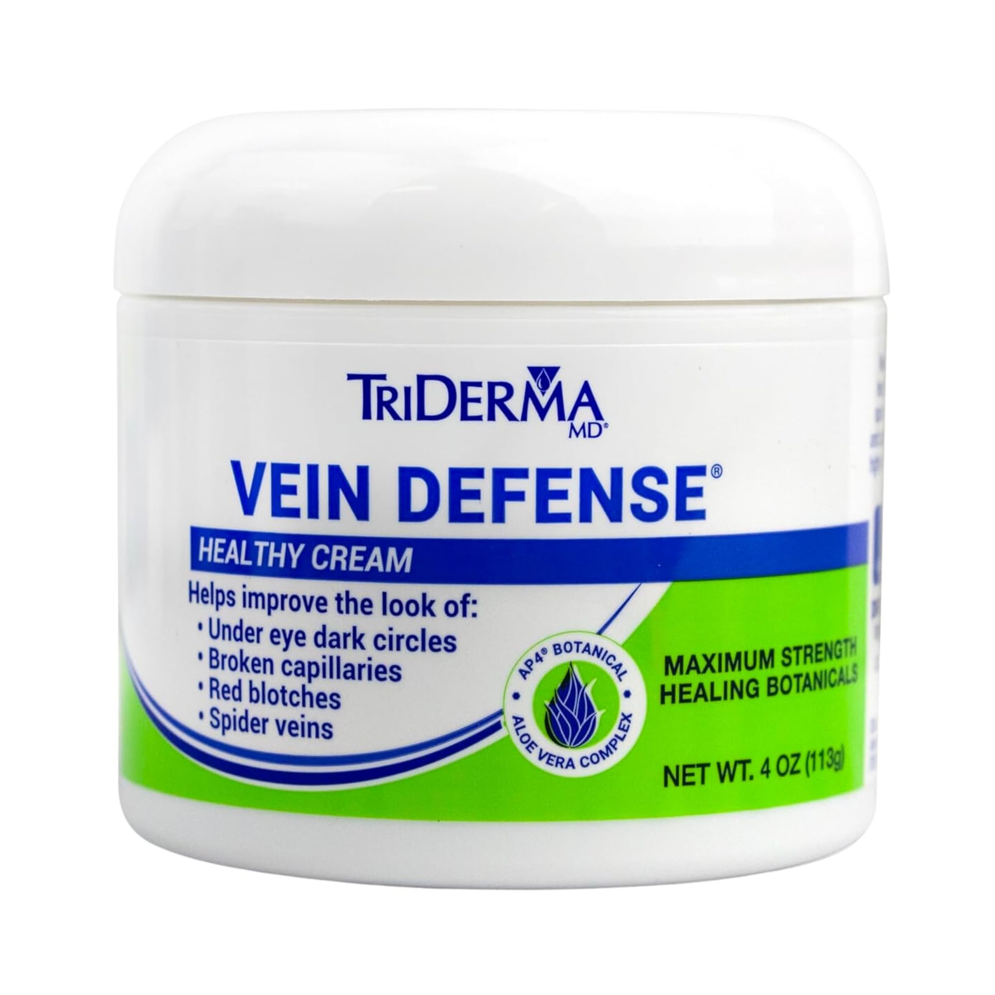 TriDerma Vein Defense cream tube application shows smooth, non-greasy texture for legs and face.
