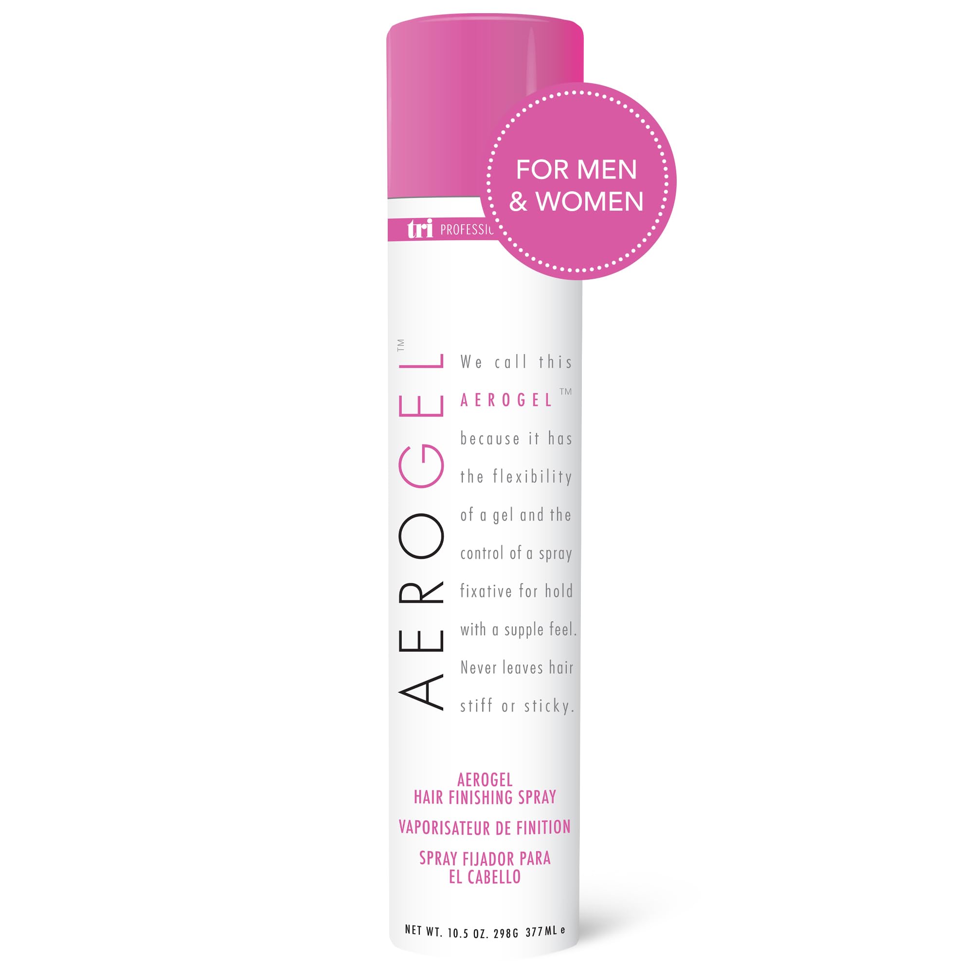 TRIDESIGN Aerogel Hairspray bottle close-up showing strong, flexible hold.