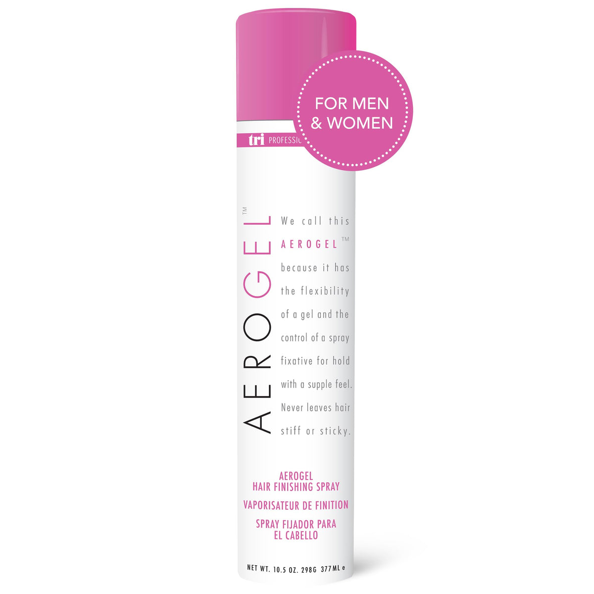 TRIDESIGN Aerogel Hairspray bottle close-up showing strong, flexible hold.