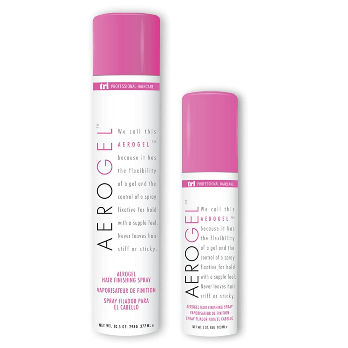 TRI Design Aerogel hairspray bottle shows strong hold and sleek shine.