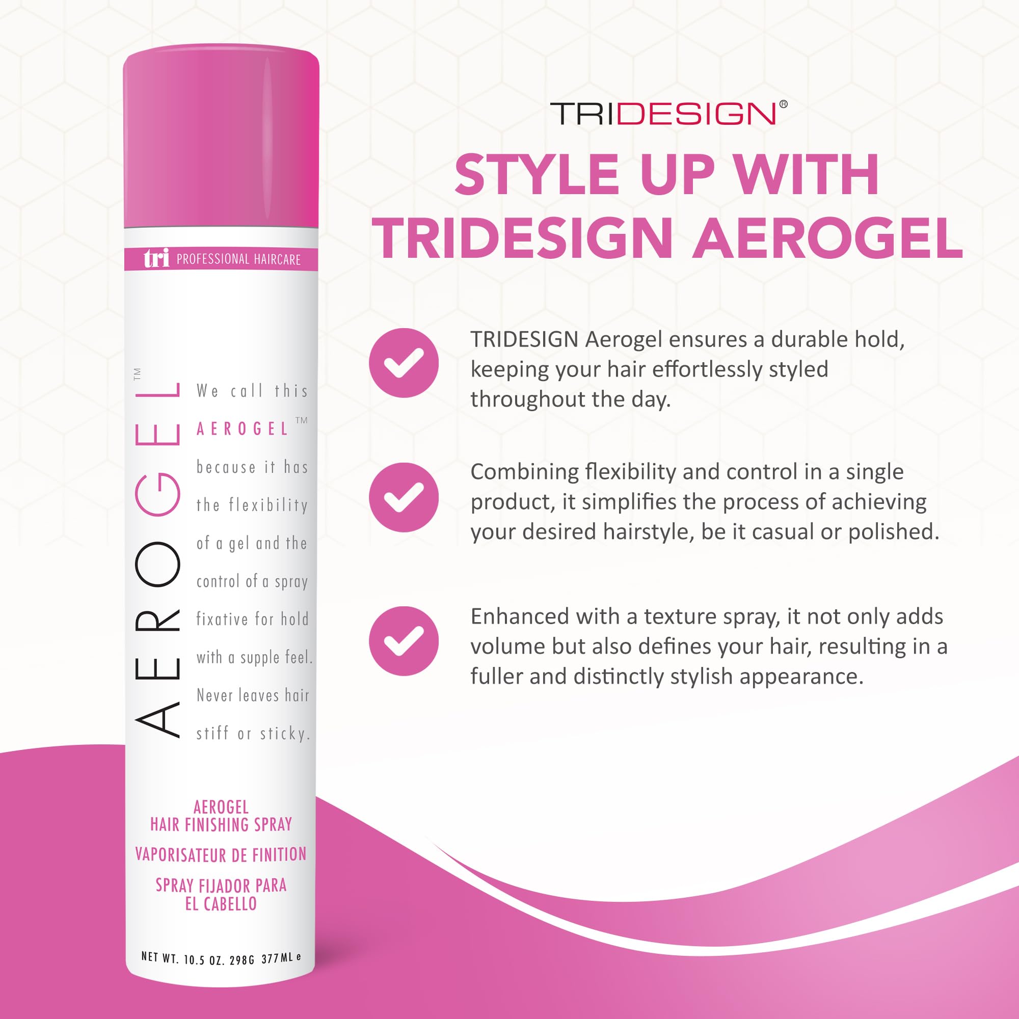 TRIDESIGN Aerogel Hairspray mist visible for even application and coverage.