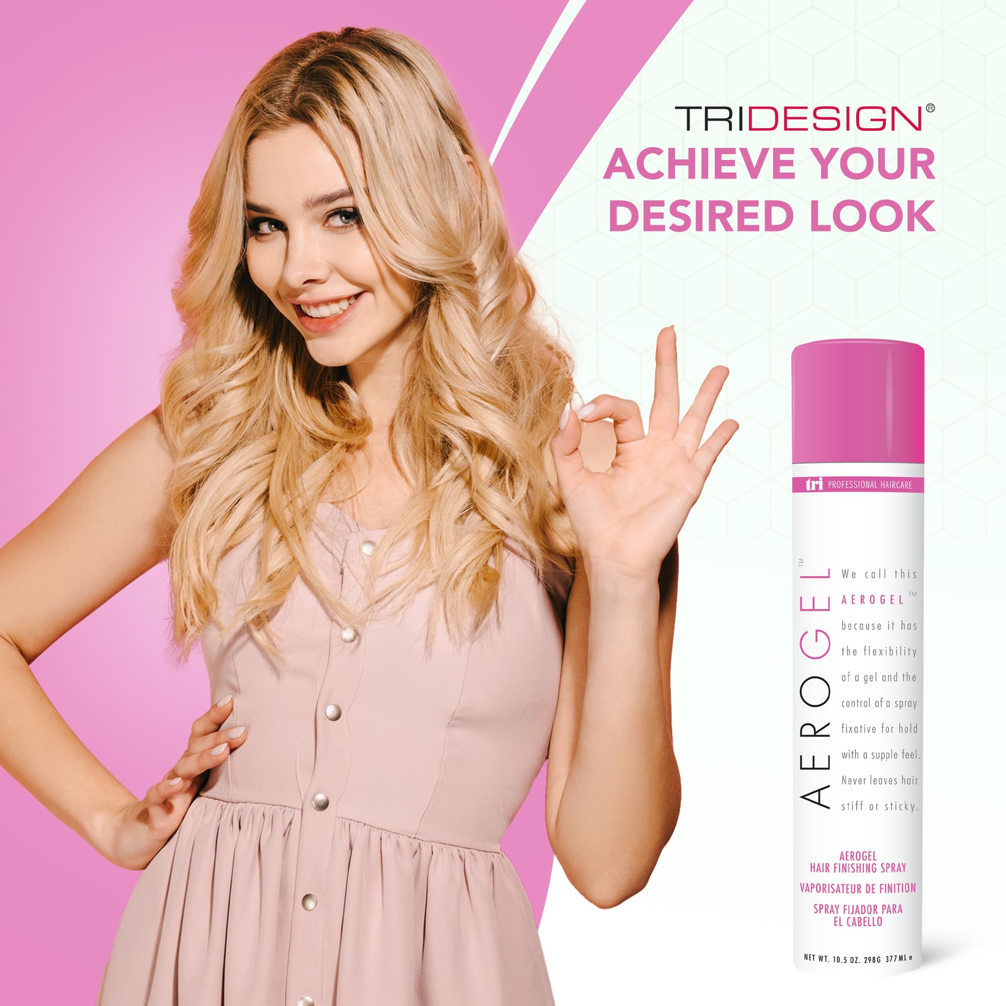 TRIDESIGN Aerogel Hairspray no-sticky finish for touchable style.