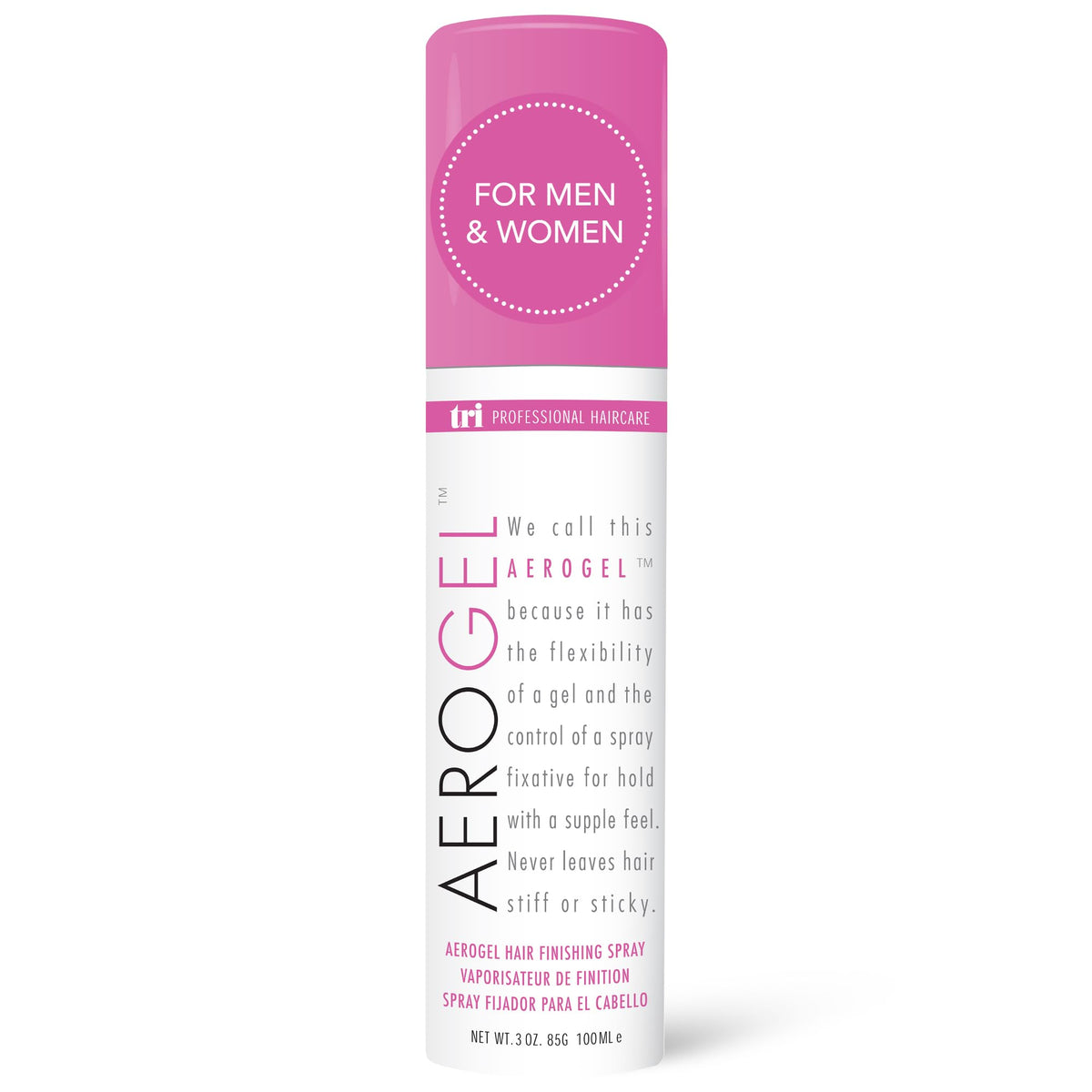 TRIDESIGN Aerogel Hairspray packaging shown for on-the-go styling
